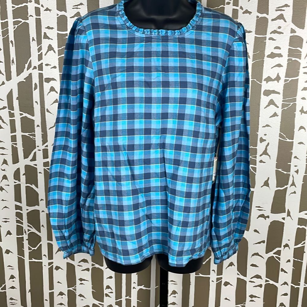 a.n.a NEW “Hallie” Blue Plaid Balloon Sleeve Ruffled Collar Pullover Top